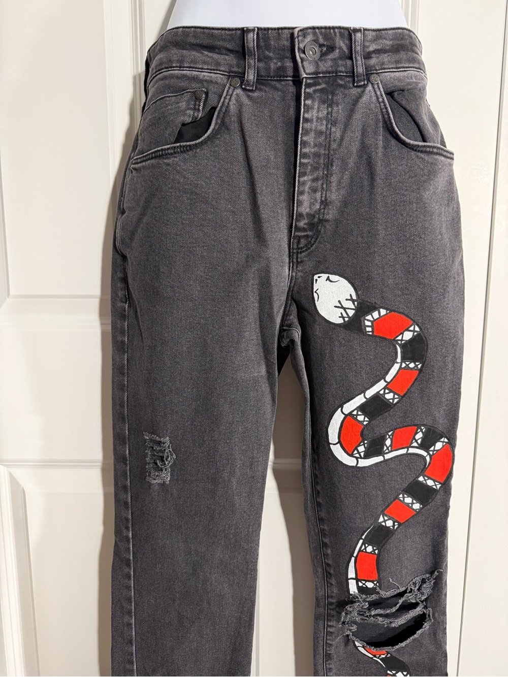 The Ragged Priest Black Straight Leg Jeans with Red & White Snake Patch - Picture 5 of 9